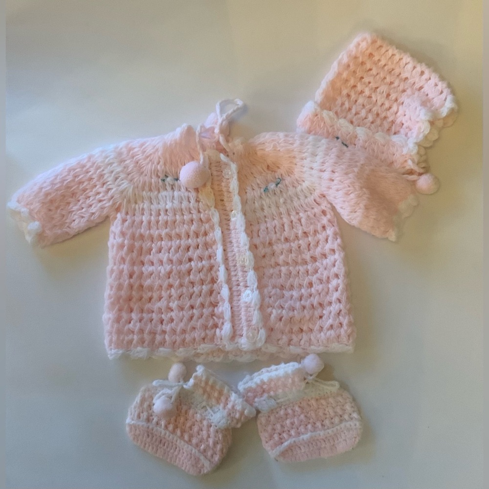 Vintage Pink Knit Baby Sweater and Hat Set